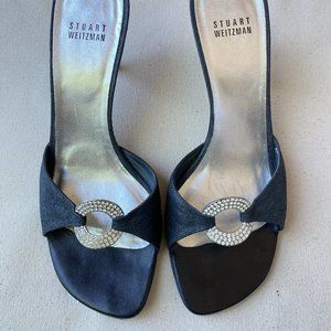 Stuart Wietzman Y2k Metallic Gray Sandal Heels with Silver Rhinestones Size 7.5